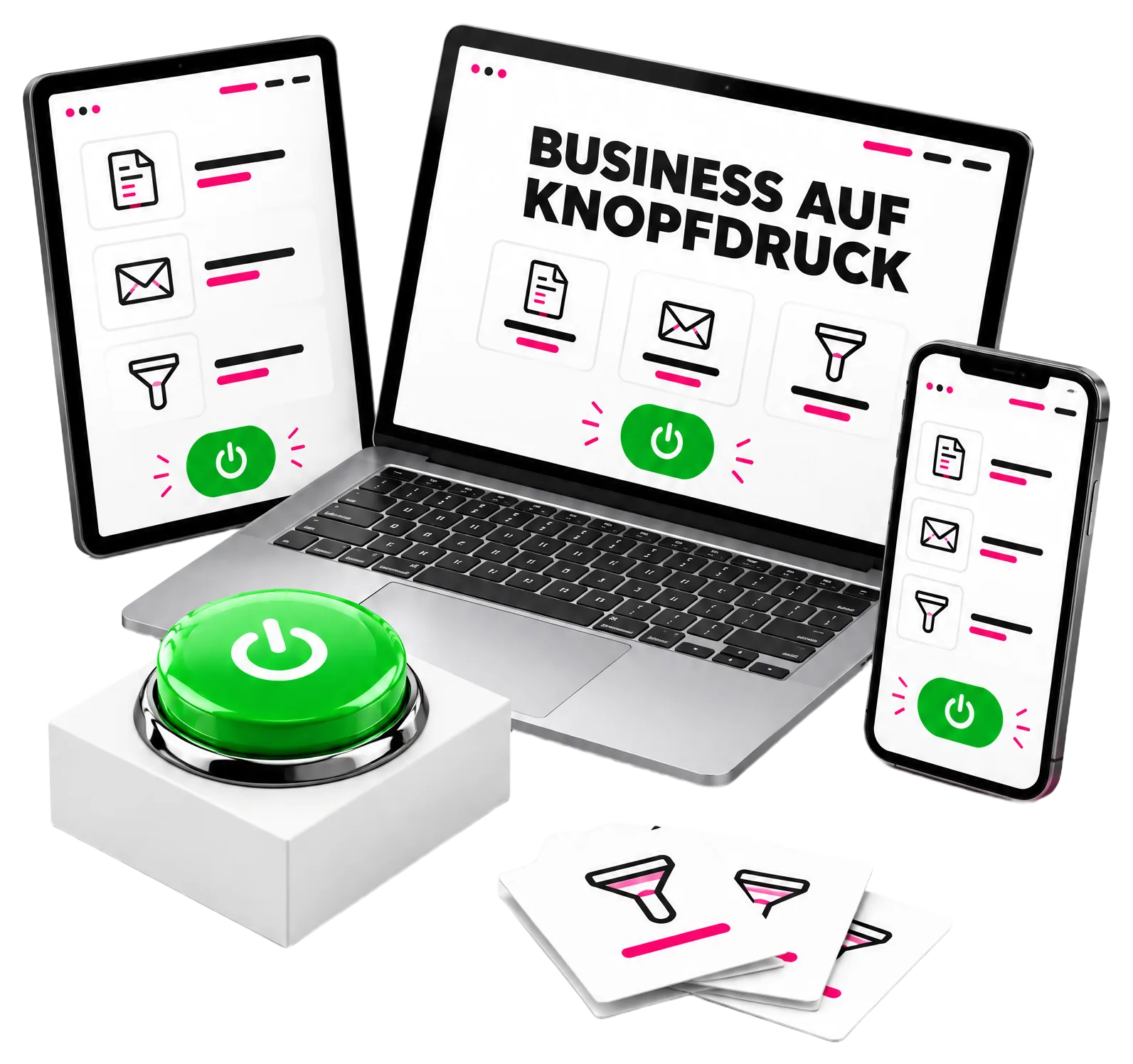 Produktmockup: Business auf Knopfdruck auf Laptop, Tablet und Smartphone mit grünem Power-Button