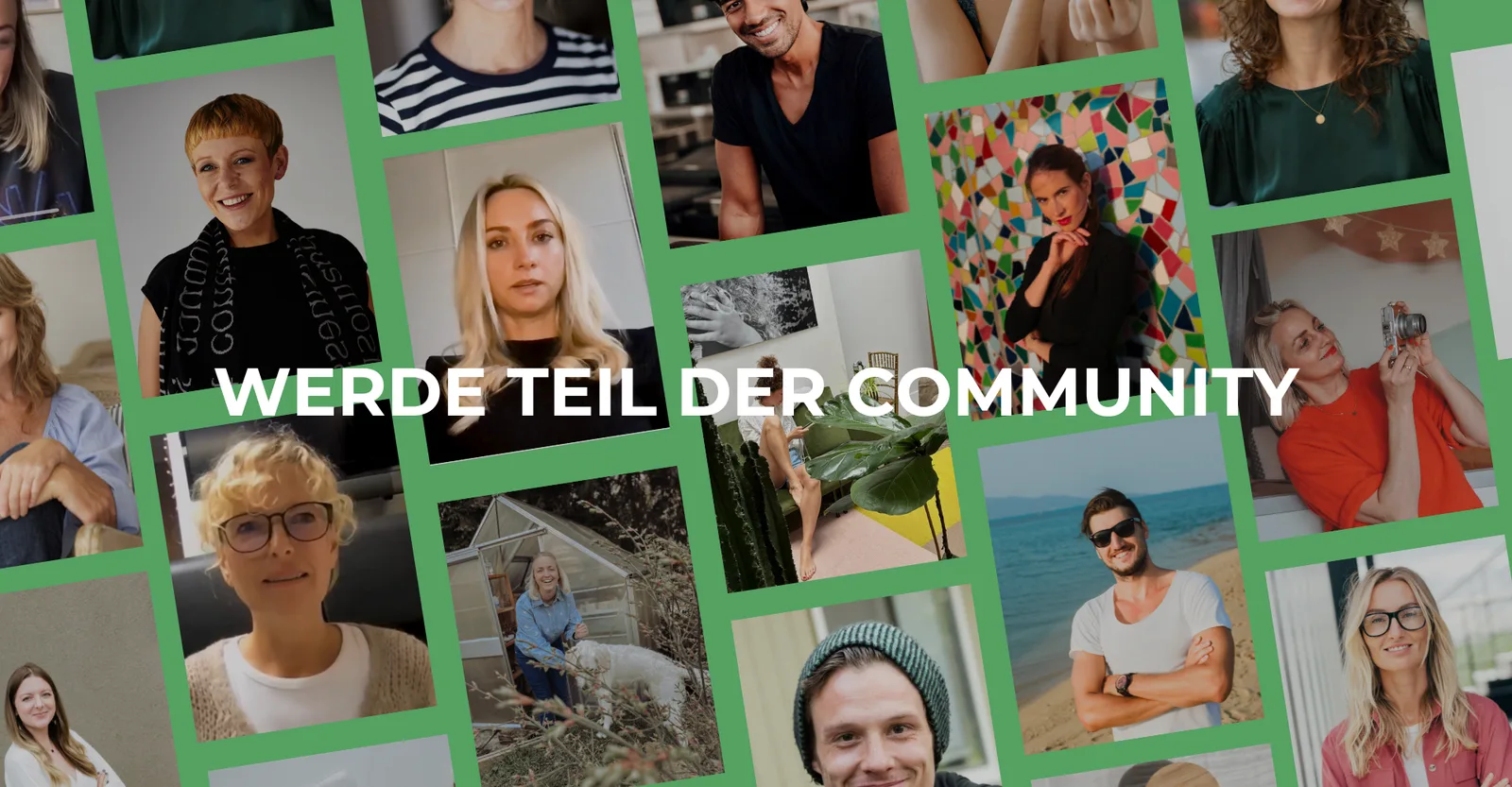 Collage aus Porträts diverser Personen in grünen Rahmen mit weißer Überschrift