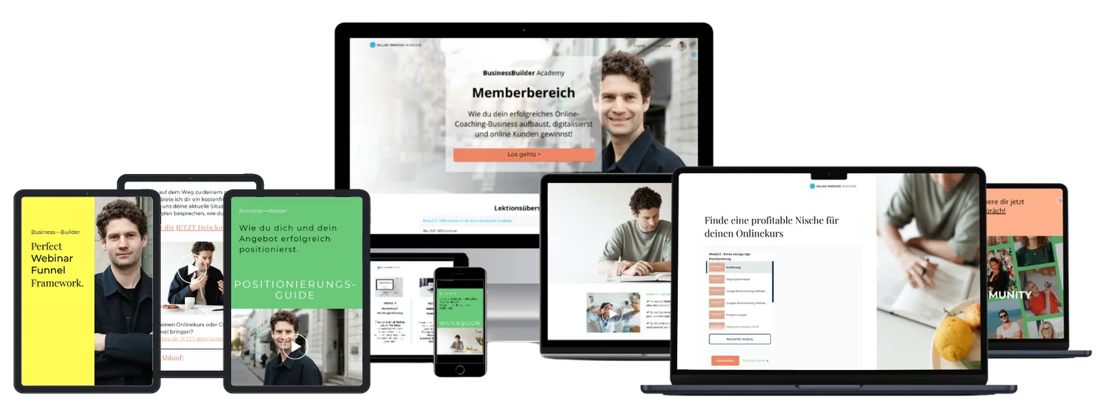Business-Builder Academy Memberbereich auf verschiedenen Geräten: Desktop, Tablet und Smartphone mit Kursinhalten und Call-to