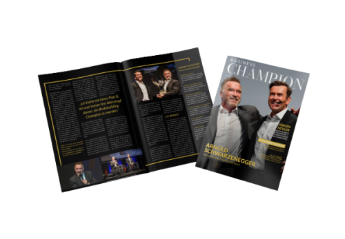 Business Champion Magazin Print-Ausgabe mit offener Broschüre und Cover