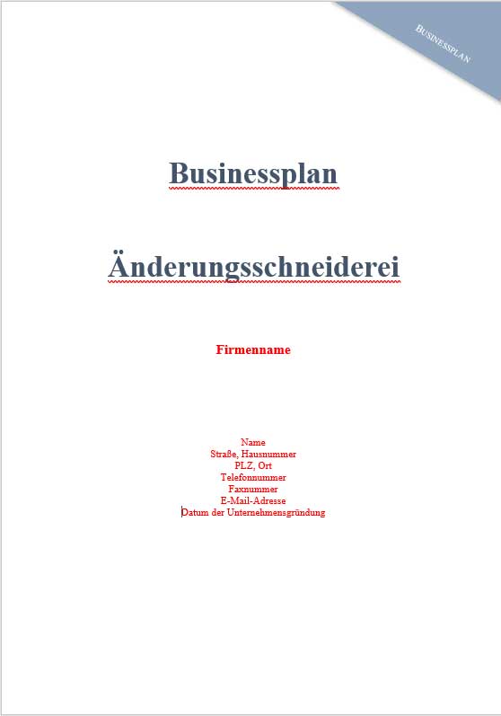 Titelseite des Businessplans Änderungsschneiderei mit blauem Design-Element