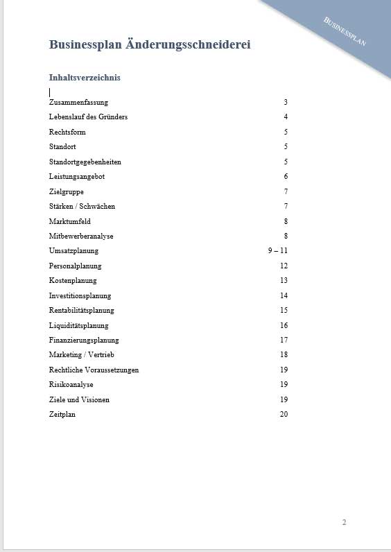 Inhaltsverzeichnis des Businessplans Änderungsschneiderei mit 20 Kapiteln