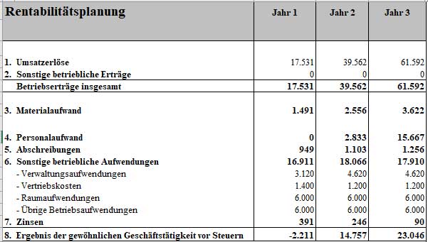 Rentabilitätsplanungstabelle für Jahre 1-3 mit Umsatzerlösen, Kosten und Gewinn