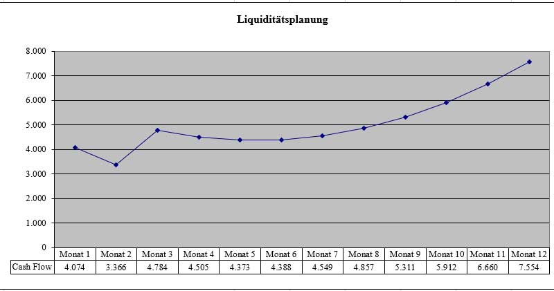 Liquiditätsplanungs-Diagramm mit Cashflow-Verlauf über 12 Monate