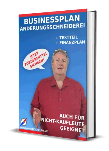 Businessplan Änderungsschneiderei Buch-Cover mit Mann im roten Hemd, Förderhinweis und Textil- sowie Finanzplan-Zusatz