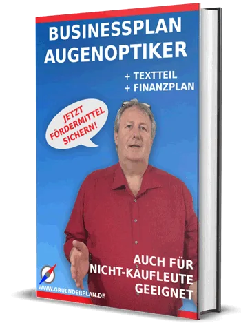 Businessplan Augenoptiker Buch-Cover mit Mann in rotem Hemd auf blauem Hintergrund