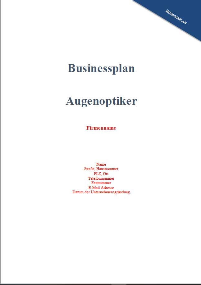 Titelseite Businessplan Augenoptiker mit Platzhaltern für Firmendaten