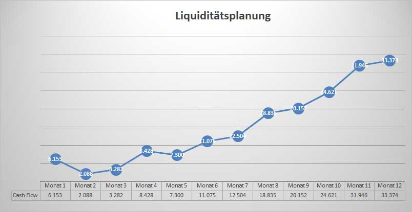 Liquiditätsplanungs-Grafik mit Verlauf der Cashflow-Entwicklung über 12 Monate