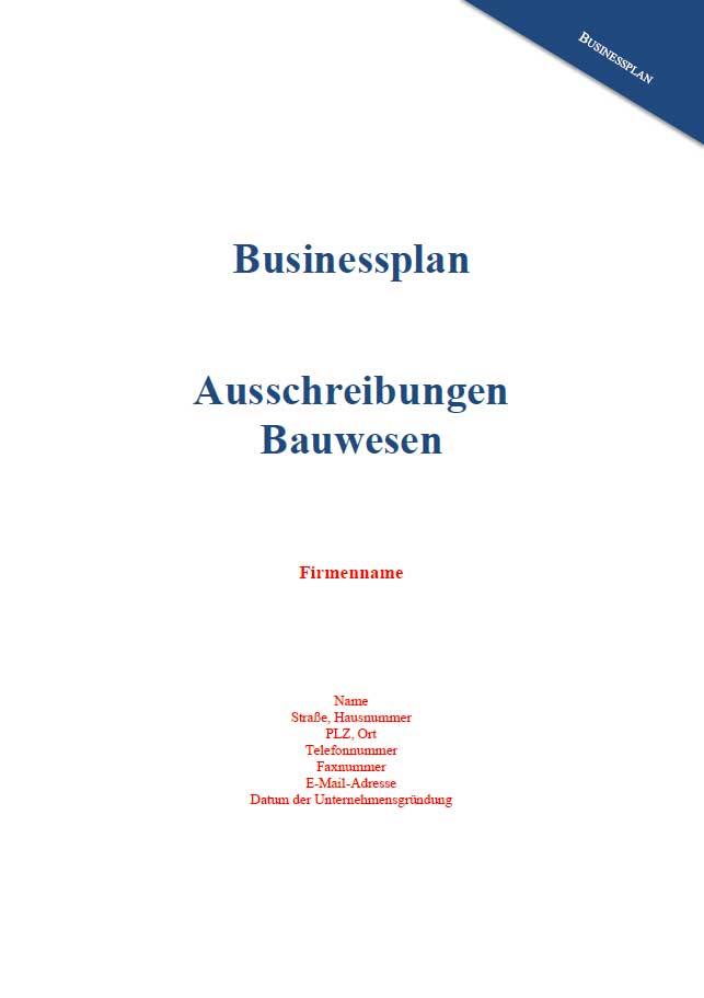 Titelseite Businessplan Ausschreibungen Bauwesen mit Formularfeldern
