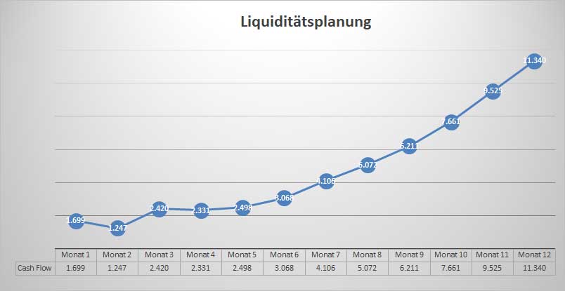 Liquiditätsplanungschart mit Cashflow-Prognose über 12 Monate