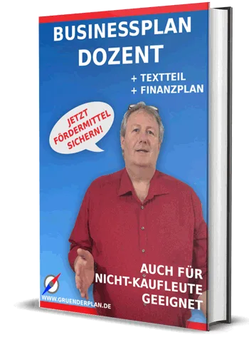 Buchcover Businessplan Dozent mit Mann in rotem Hemd auf blauem Hintergrund, 350×484 Pixel