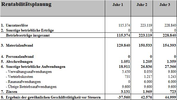 Rentabilitätsplanungstabelle Businessplan eBay-Handel mit Umsatzerlöse, Kosten und Ergebnis für drei Jahre