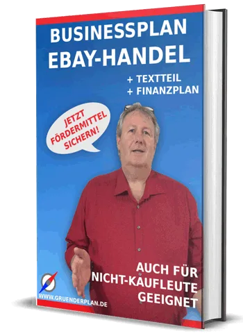 Businessplan eBay-Handel Buchcover mit Mann in rotem Hemd, blauem Hintergrund, Textteile und Finanzplan enthalten