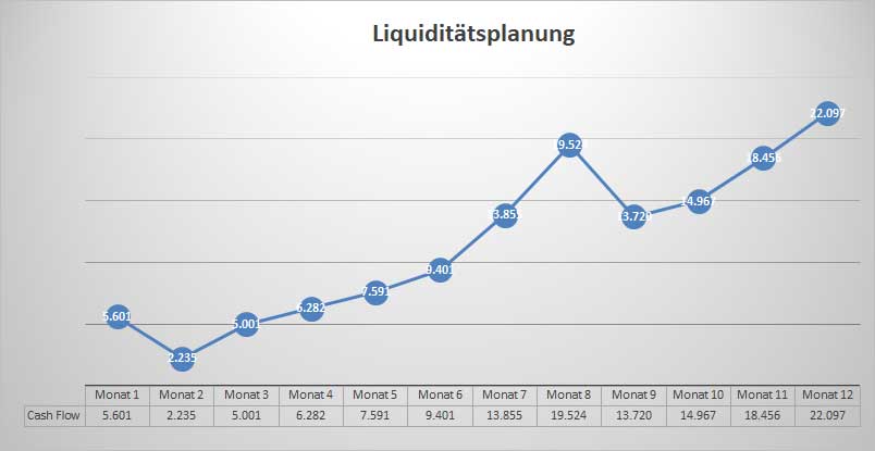 Liquiditätsplanungsgrafik mit Liniendiagramm der monatlichen Cashflow-Entwicklung über 12 Monate