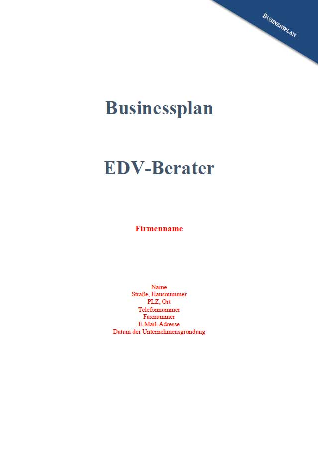 Titelseite des Businessplans EDV-Berater mit Firmennamen und Kontaktdaten Vorlage