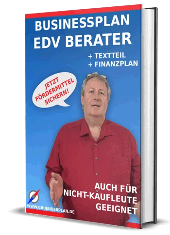 Businessplan EDV-Beratung Vorlage mit Mann in rotem Hemd auf blauem Hintergrund, Buch-Cover mit Textteilen und Förderhinweis