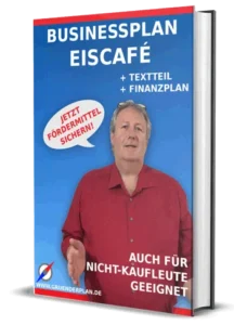 Businessplan Eiscafé Buchcover mit Mann in rotem Hemd, Titel und Zusatz Textteil + Finanzplan
