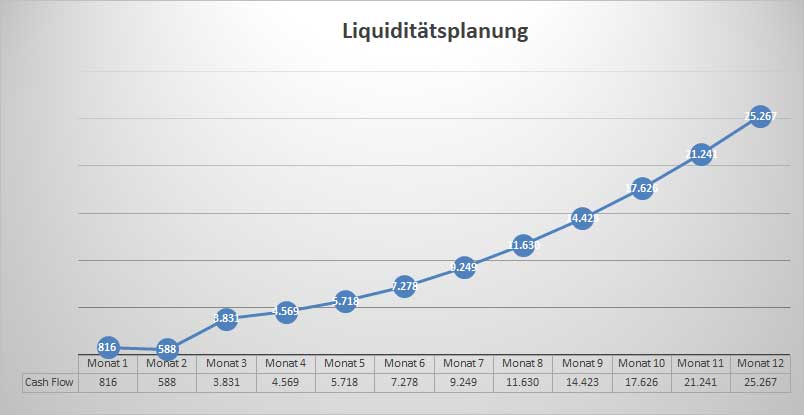 Liquiditätsplanungsgrafik mit Liniendiagramm showing Cash Flow Entwicklung über 12 Monate