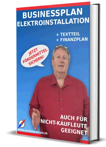 Businessplan Elektroinstallation Buch-Cover mit Mann im roten Hemd, Titel und Zusatz Textteil und Finanzplan