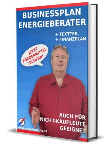 Businessplan Energieberater Buchcover mit Mann in rotem Hemd, Texteil und Finanzplan, auch für Nicht-Käufer geeignet