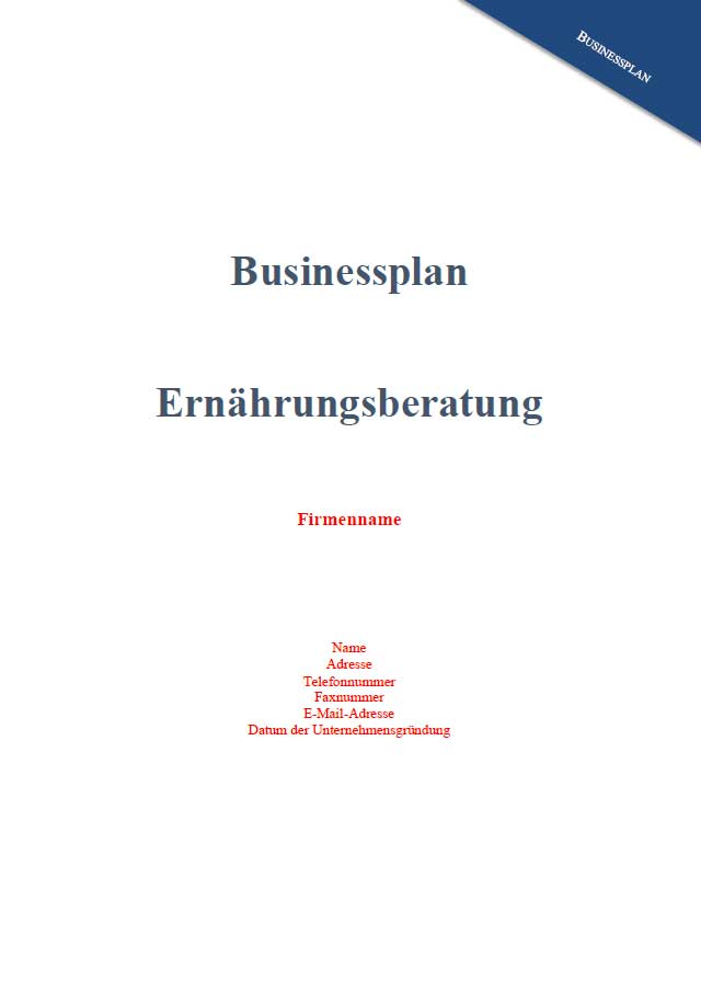 Titelseite des Businessplans Ernährungsberatung mit Platzhaltern für Firmendaten