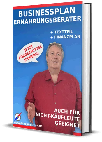 Businessplan Ernährungsberater Buchcover mit Mann in rotem Hemd, blauem Hintergrund, Texteil und Finanzplan