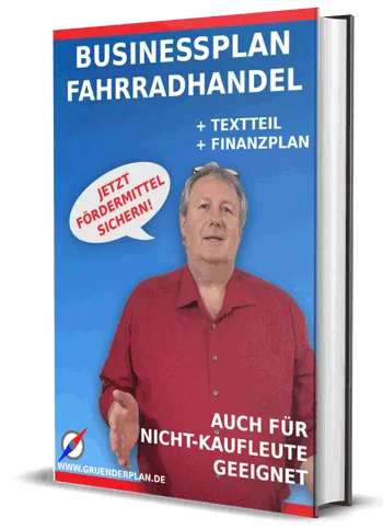 Businessplan Fahrradhandel Cover mit Mann in rotem Hemd, Buch-Mockup, Textteile und Finanzplan enthalten