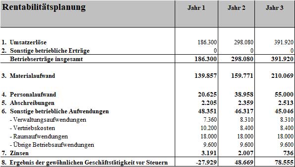 Rentabilitätsplanungs-Tabelle mit Umsätzen, Kosten und Gewinnen für 3 Jahre