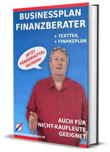 Businessplan Finanzberater Vorlage mit Buchcover, Mann im roten Hemd, Titel und Zusatz Textteil und Finanzplan