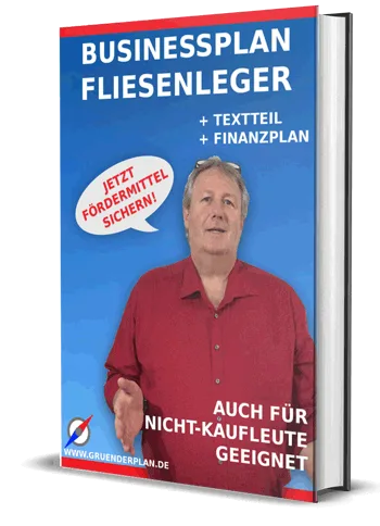 Businessplan Fliesenleger Buchcover mit Mann in rotem Hemd, blauem Hintergrund, Textteil und Finanzplan, Förderung gesichert