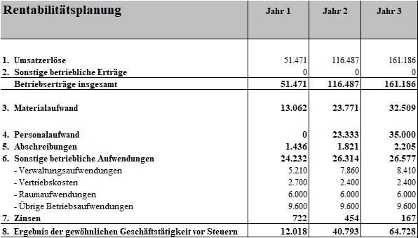 Rentabilitätsplanungstabelle Businessplan Fliesenleger mit Gewinn-Verlust-Rechnung für 3 Jahre