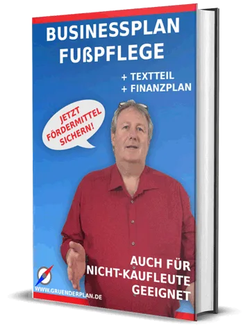 Businessplan Fußpflege Buch-Cover mit Mann in rotem Hemd, blauem Hintergrund, Textteil und Finanzplan
