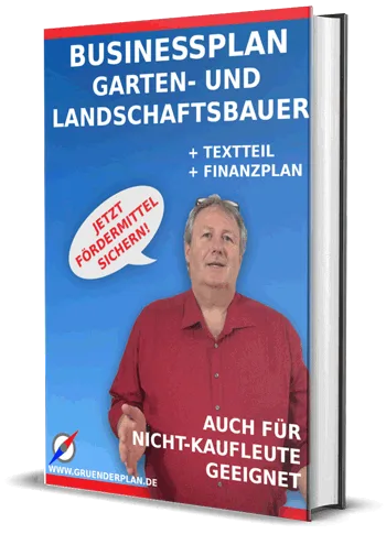 Businessplan Garten- und Landschaftsbau – Word- und Excel-Vorlage 2 Buchcover Businessplan Garten- und Landschaftsbau mit Mann im roten Hemd vor blauem Hintergrund