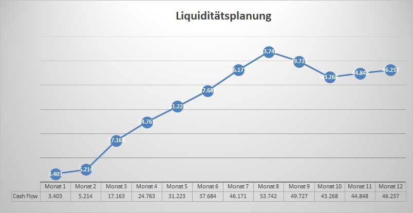 Businessplan Garten- und Landschaftsbau – Word- und Excel-Vorlage 10 Liquiditätsplanungsgrafik mit Cashflow-Kurve über 12 Monate zeigt positive Entwicklung