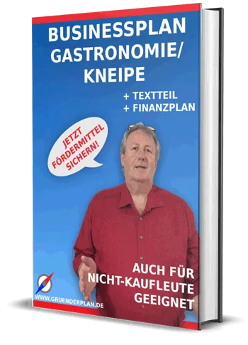 Businessplan Gastronomie/Kneipe – Vorlagenpaket mit Finanzplan 1 Businessplan Gastronomie/Kneipe Buch-Cover mit Mann im roten Hemd vor blauem Hintergrund