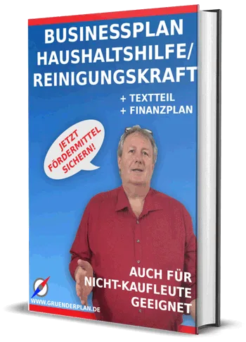 Businessplan Haushaltshilfe/Reinigungskraft von Dirk Leimkuhl 1 Businessplan-Vorlage Haushaltshilfe/Reinigungskraft mit Mann in rotem Hemd auf blauem Hintergrund