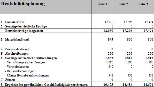 Businessplan Haushaltshilfe/Reinigungskraft von Dirk Leimkuhl 10 Rentabilitätsplanungstabelle für drei Jahre mit Umsätzen, Kosten und Gewinn