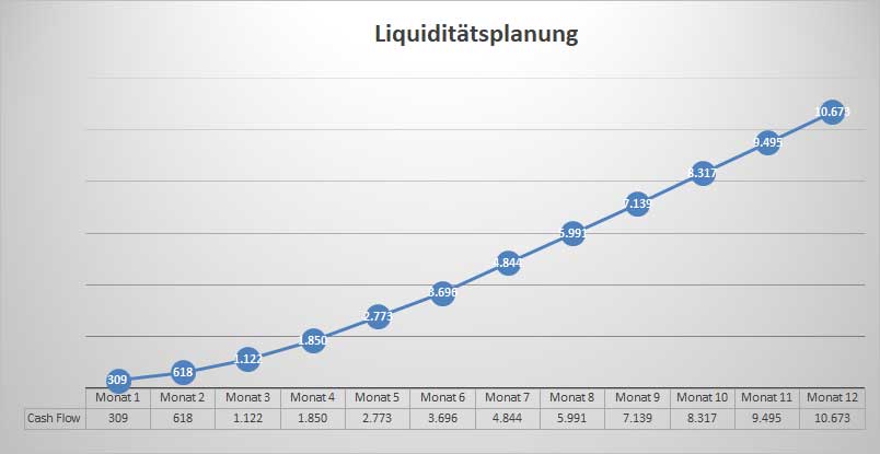 Businessplan Haushaltshilfe/Reinigungskraft von Dirk Leimkuhl 11 Liquiditätsplanungsgrafik mit Kurvendiagramm zeigt Cash Flow über 12 Monate