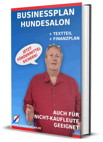 Buchcover Businessplan Hundesalon mit Mann in rotem Hemd, blauem Hintergrund, Hinweis auf Textteil und Finanzplan