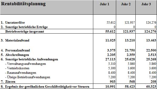 Rentabilitätsplanungstabelle mit Umsatzerlösen, Materialaufwand, Personalaufwand und Gewinn für 3 Jahre