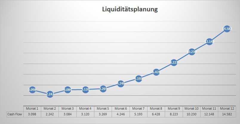 Liquiditätsplanungs-Liniendiagramm mit Cashflow-Entwicklung über 12 Monate