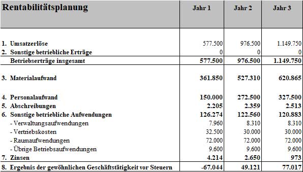 Rentabilitätsplanungstabelle für Jeansladen mit Umsatz Material Personal und Gewinnberechnung