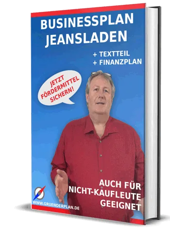 Businessplan Jeansladen Vorlage mit Mann in rotem Hemd, Textil- und Finanzplan, für Gründer geeignet