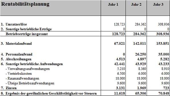 Rentabilitätsplanungstabelle für 3 Jahre mit Umsatzerlösen, Kosten und Ergebnis