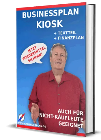 Businessplan Kiosk – Vorlage mit Finanzplan von Dirk Leimkuhl 1 Businessplan Kiosk Buch-Cover mit Mann in rotem Hemd vor blauem Hintergrund