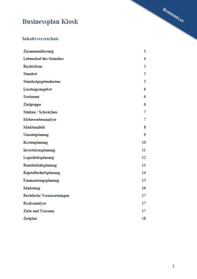 Businessplan Kiosk – Vorlage mit Finanzplan von Dirk Leimkuhl 5 Inhaltsverzeichnis Businessplan Kiosk mit 20 Kapiteln