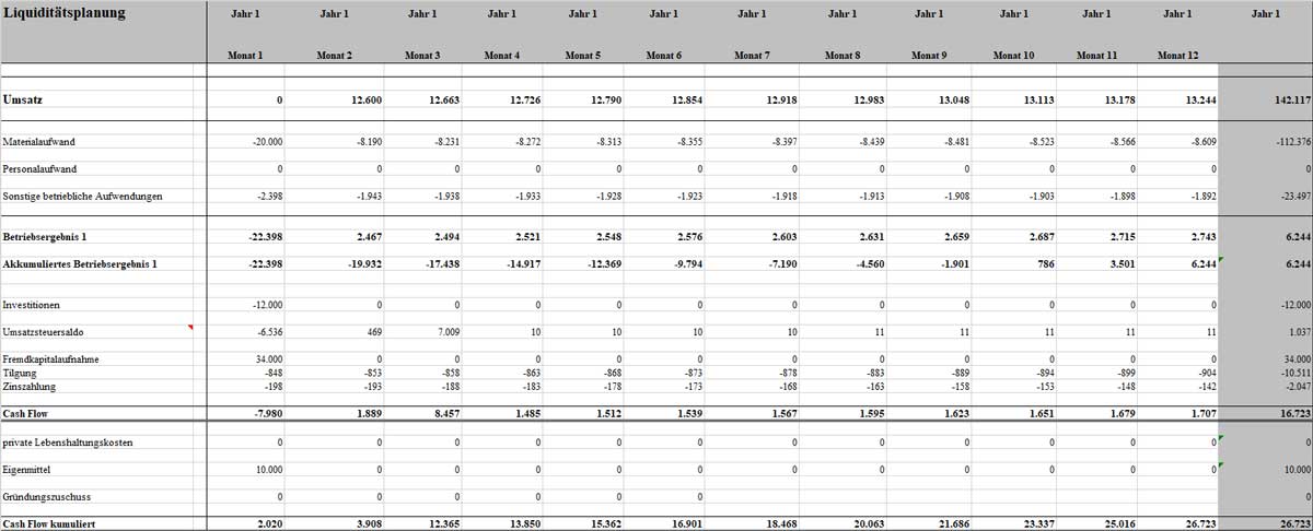 Businessplan Kiosk – Vorlage mit Finanzplan von Dirk Leimkuhl 7 Liquiditätsplanung Tabelle mit monatlichen Zahlen für 12 Monate