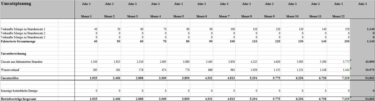 Umsatzplanung Tabelle für Businessplan Maler/Lackierer mit monatlichen Werten über 12 Monate