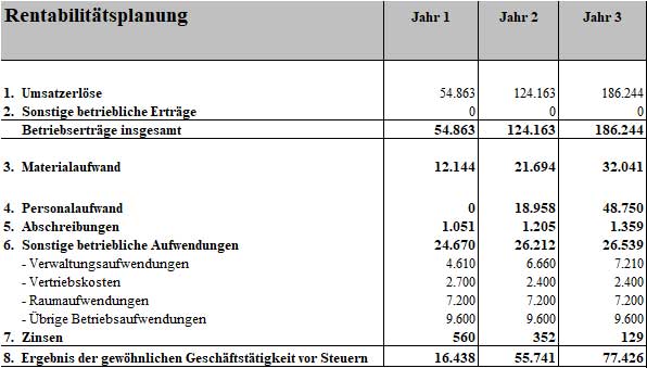 Rentabilitätsplanung Tabelle für Businessplan Maler/Lackierer über 3 Jahre