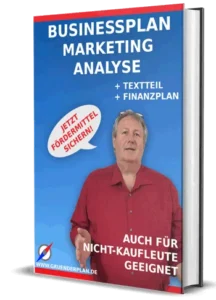 Businessplan Marketing-Analyse Buch-Cover mit Mann in rotem Hemd, Textteil und Finanzplan, 350×485 Pixel